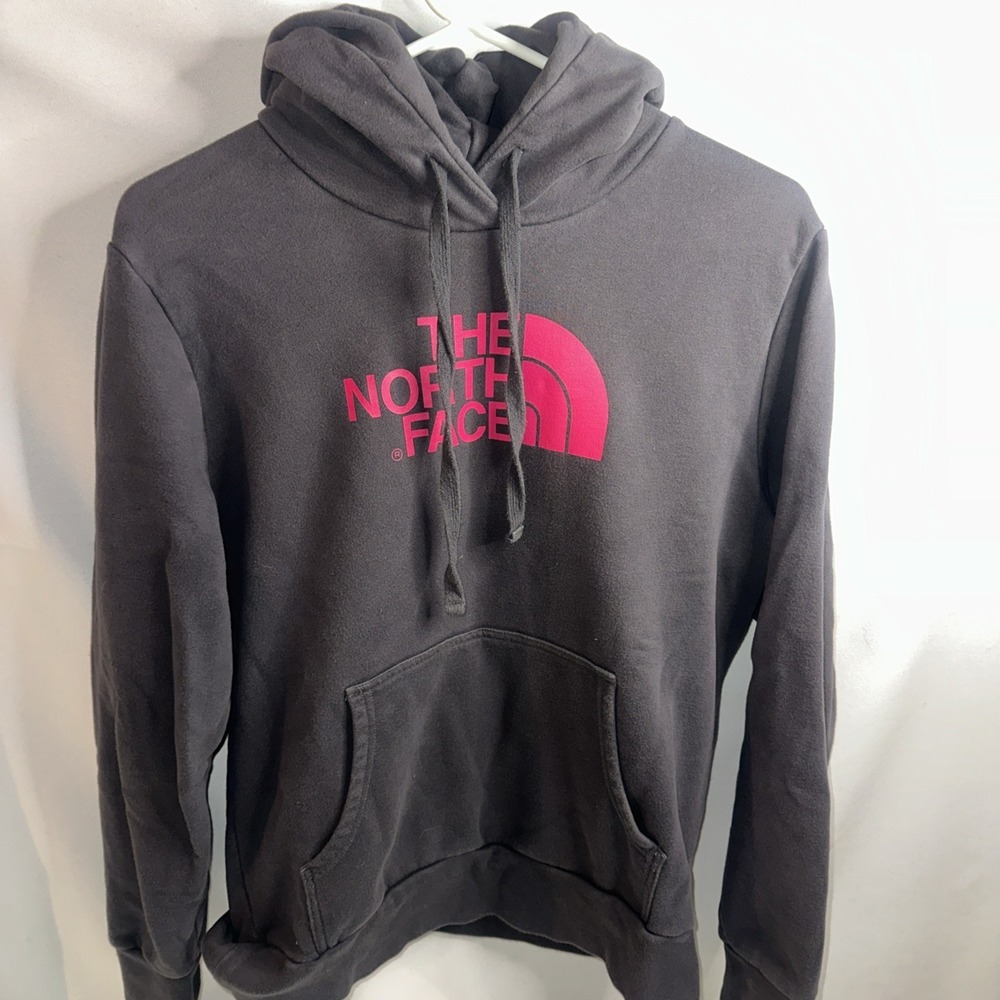 The North‎ Face Womens Hoodie Gray Pink Logo Pullover Sweatshirt Size L